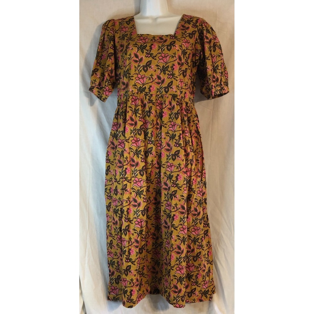 Indophilia Women's Bagru Jaipur Cotton Multicolored Midi Dress Puff Sleeve Pocke